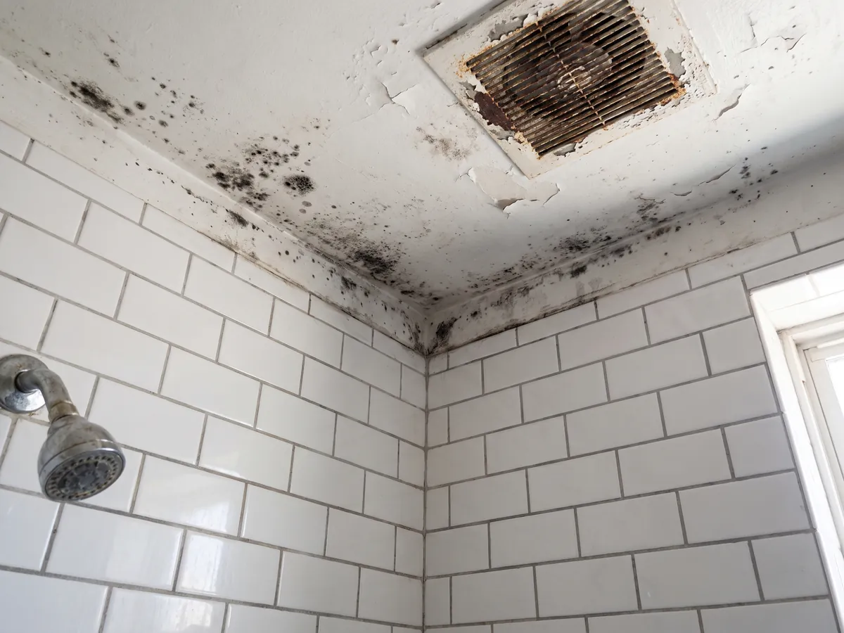 Before mold remediation in Gettysburg, PA: black mold on a bathroom ceiling above a tiled shower and around the exhaust fan