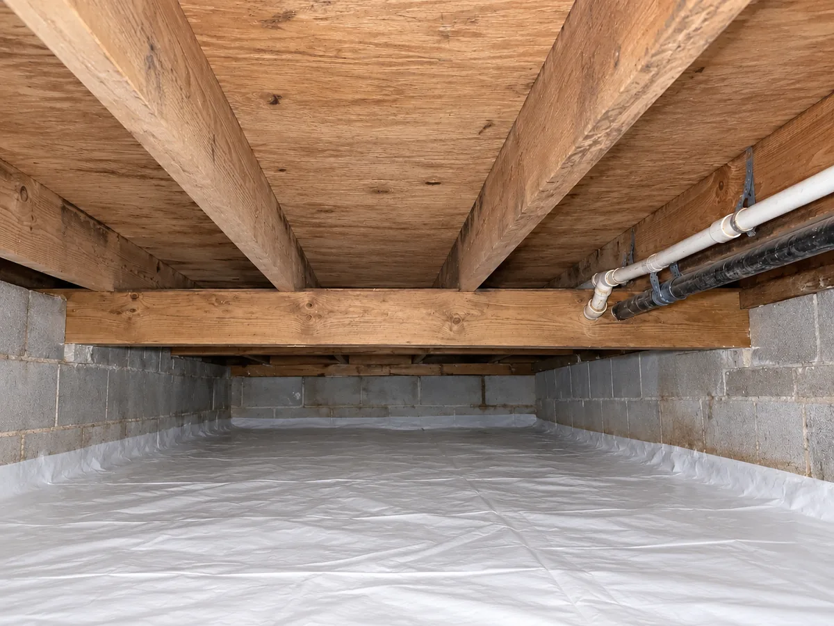 After crawl space cleanup: retained timber joists and subfloor with a white ground vapor barrier below