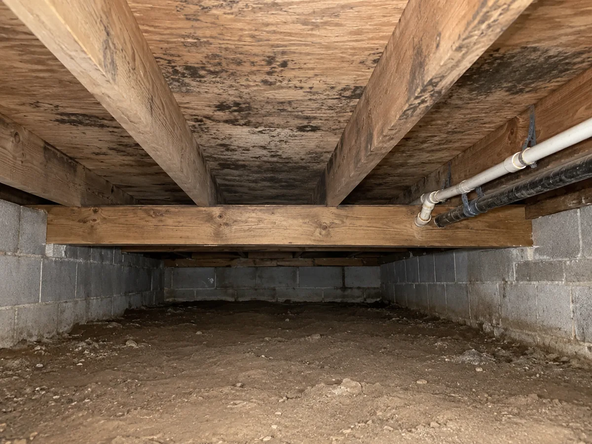 Before crawl space mold remediation: dark surface patches on timber joists and subfloor above bare earth