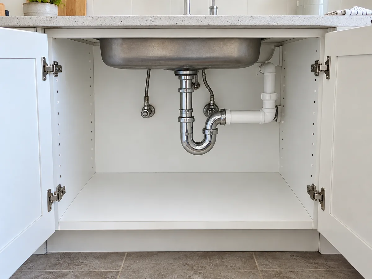 After kitchen cabinet repairs: clean replacement panels beneath the same sink and plumbing