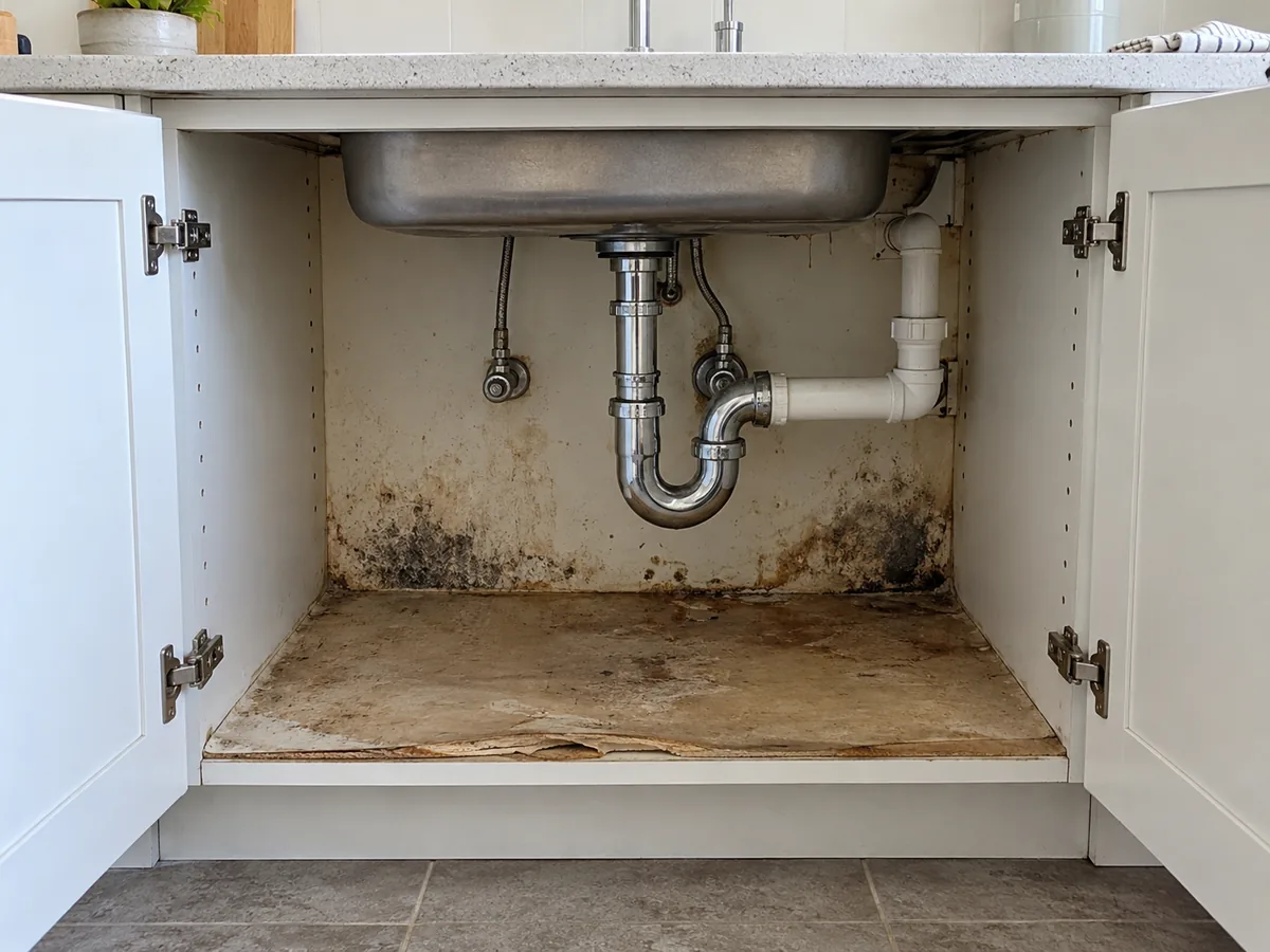 Before kitchen mold removal: stained and swollen cabinet panels beneath a sink and drain trap