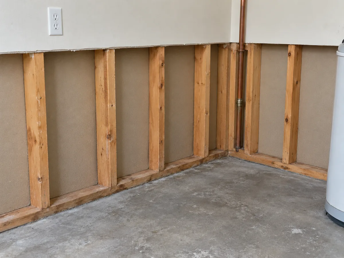 After wall cavity cleanup: exposed timber framing with affected insulation removed, ready for the next repair stage