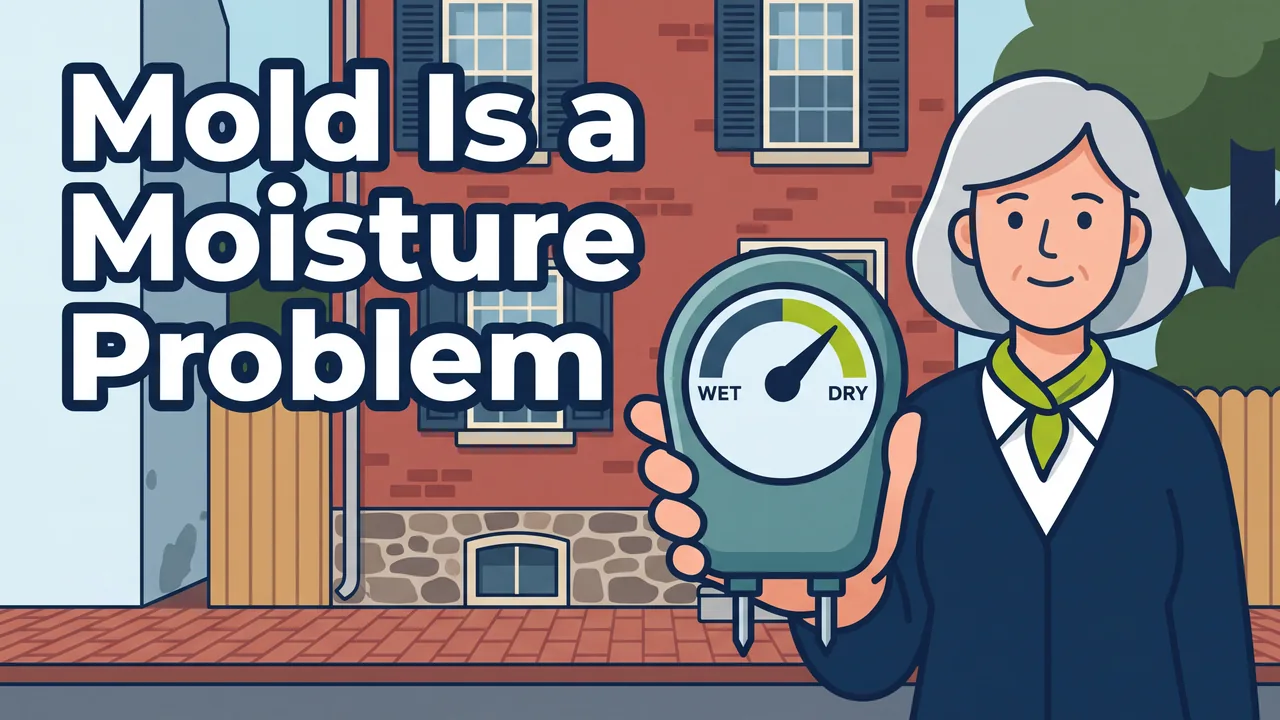 Video poster: a homeowner holds a moisture meter reading dry in front of a brick house in Gettysburg, titled Mold Is a Moisture Problem