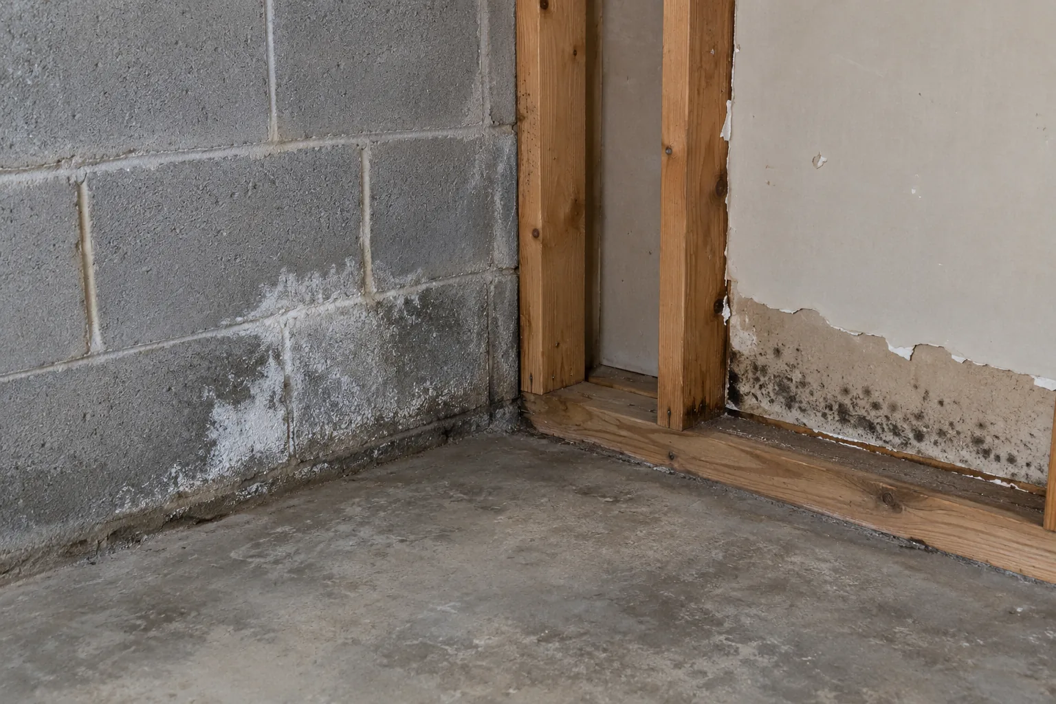 Basement corner with pale masonry deposits beside wood framing and discolored drywall near the floor