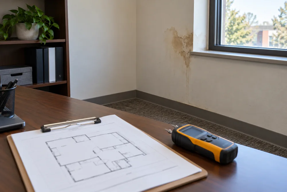 Moisture meter and floor plan beside an office wall with water staining