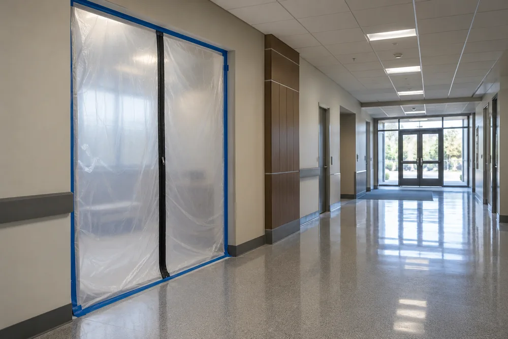 Closed work-room partition beside a clear corridor route in a shared building