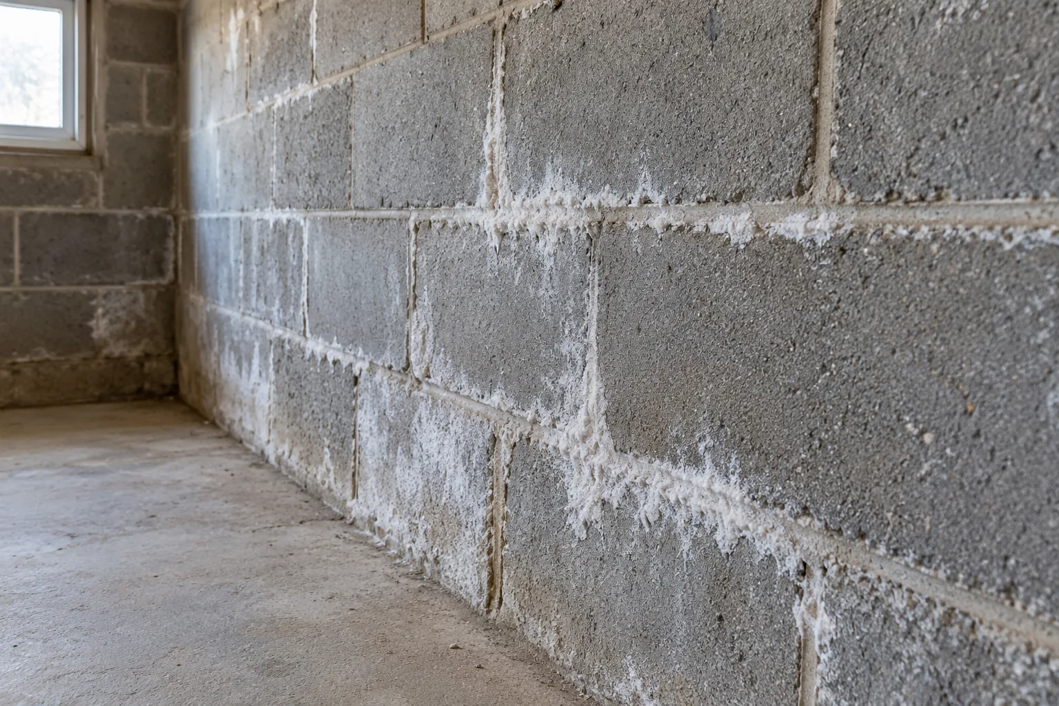 White crystalline deposits across gray basement concrete blocks and mortar joints