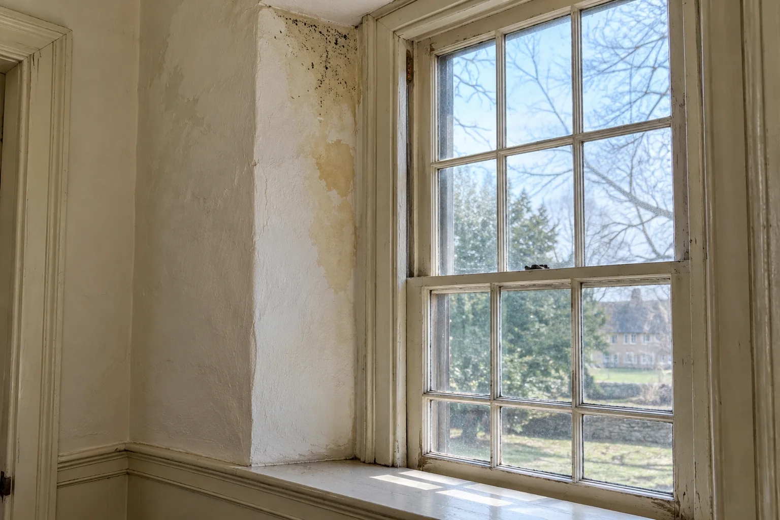 Water staining and dark speckling on historic plaster beside a wooden sash window