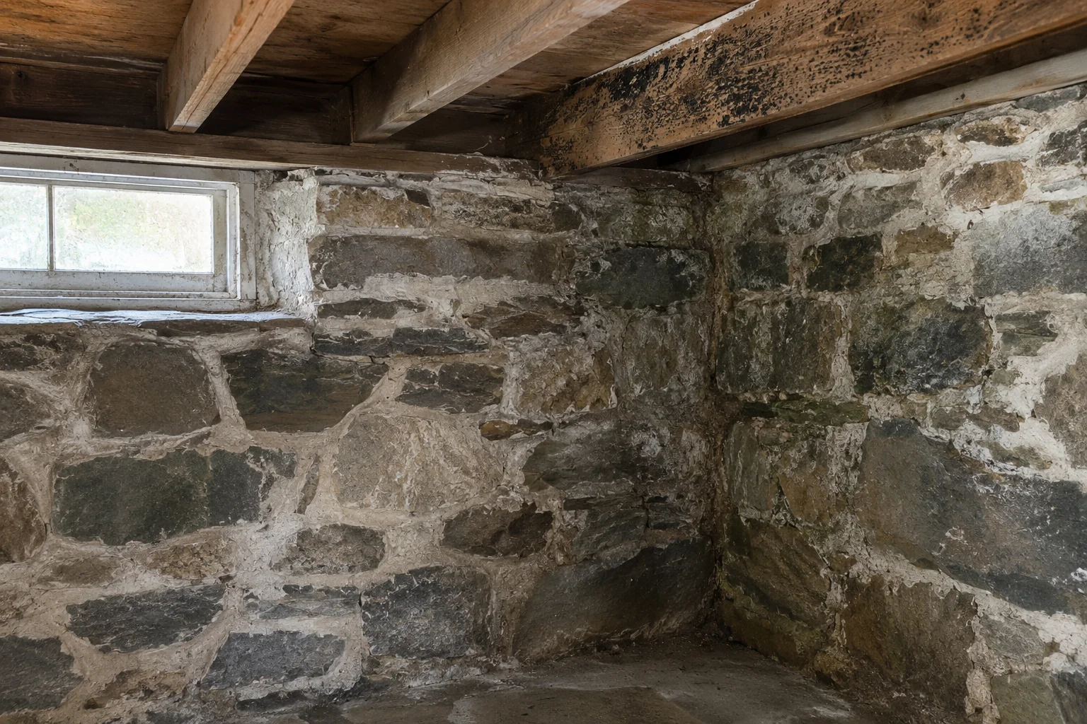 Historic stone basement with mortar joints and dark speckling on exposed wooden framing