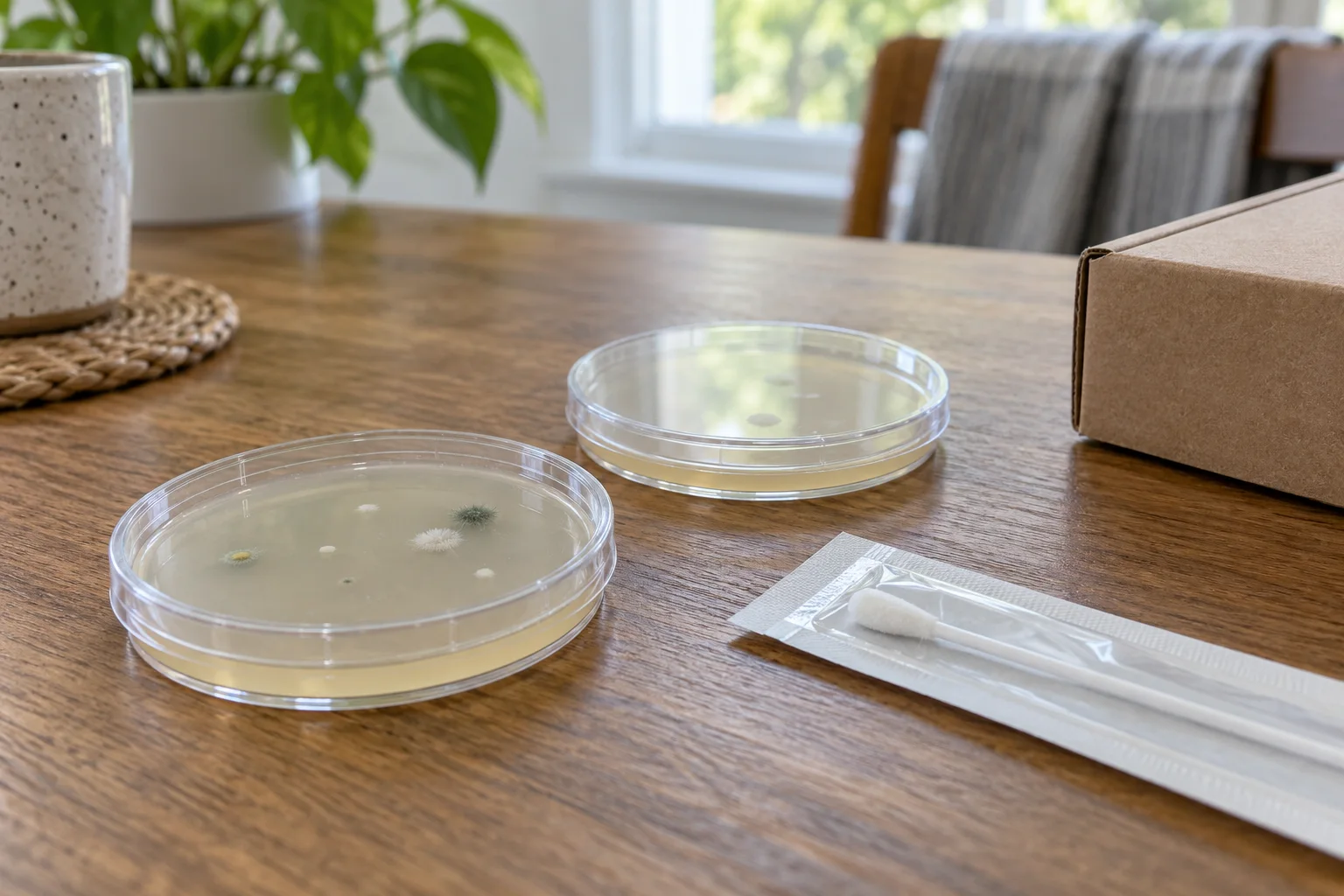 Closed home mold test dishes and a packaged swab on a wooden table
