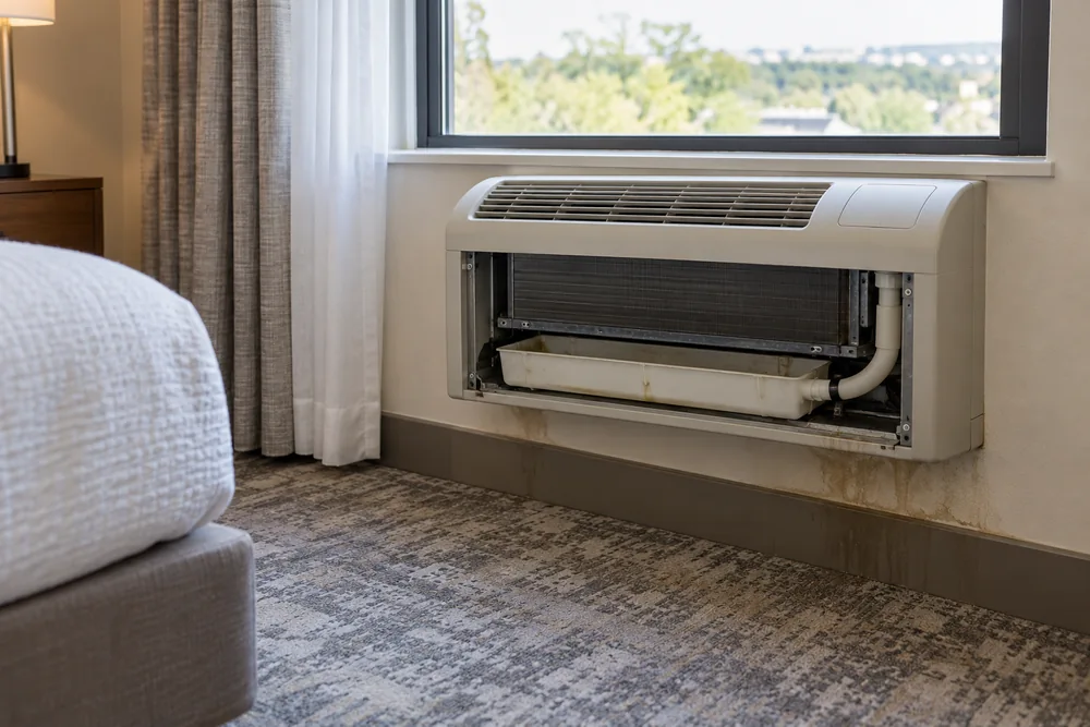 Open service panel and condensate tray beneath a hotel-room air conditioner