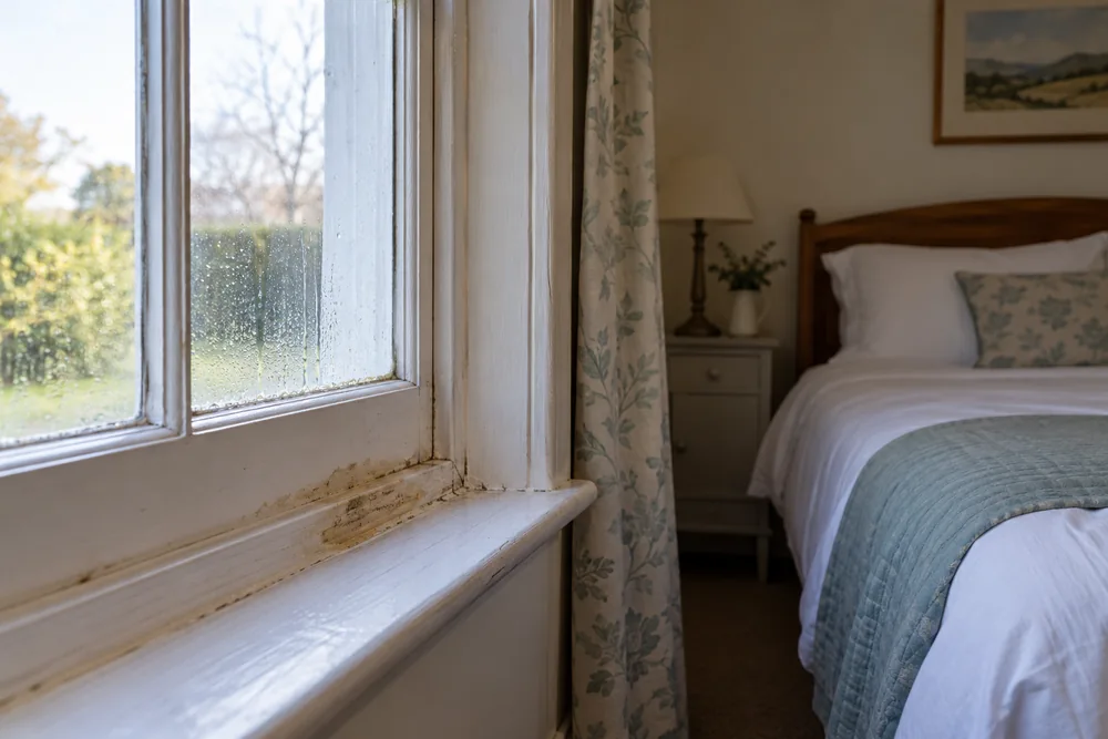 Guest-room window with condensation and a water-stained lower reveal