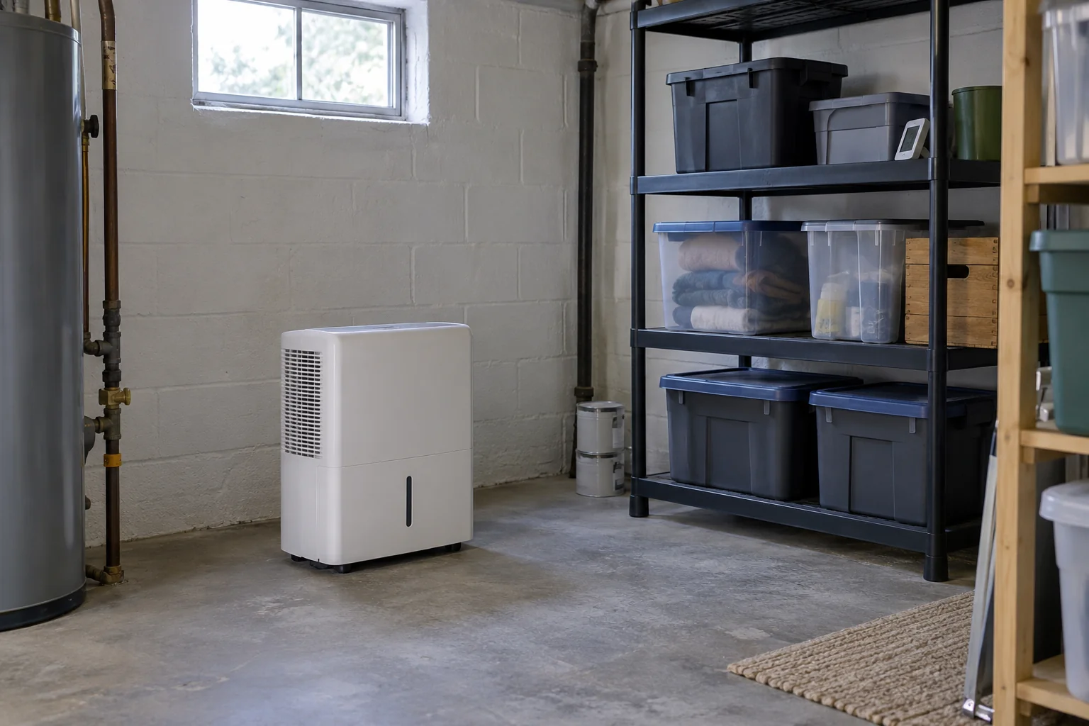 Basement mold prevention setup with a portable dehumidifier, humidity monitor and storage bins raised on shelving.