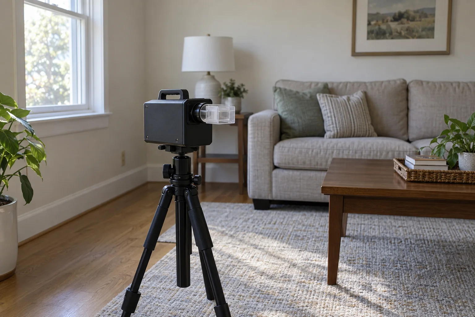 Air sampling pump with a collection cassette on a tripod in a residential living room.