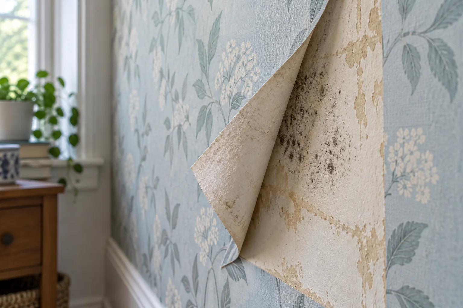 Detached blue wallpaper reveals dark spotting and adhesive traces on the wall beneath