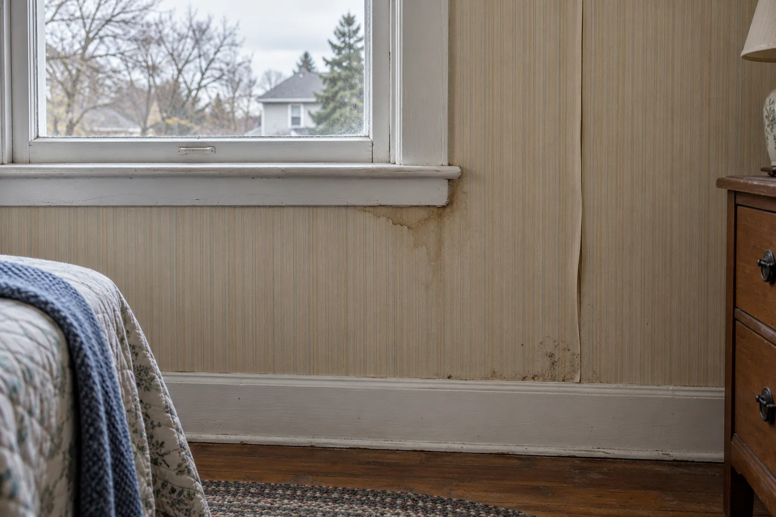 Stained striped wallpaper below a window with a lifted seam and dark spotting near the baseboard