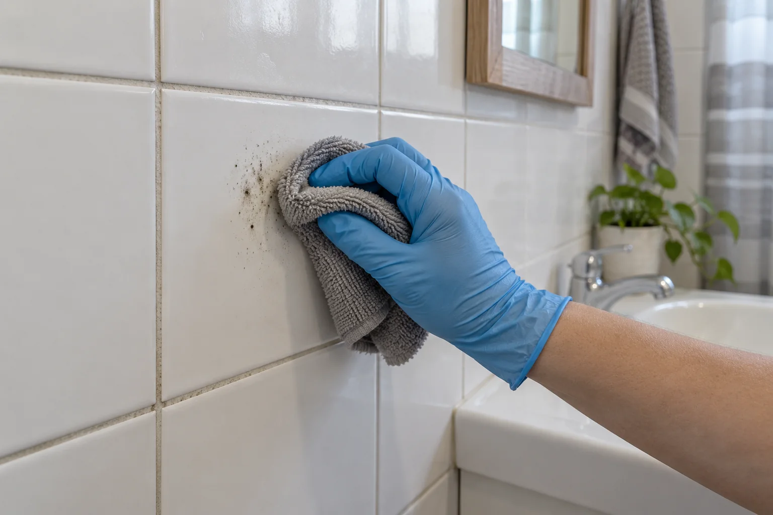 Gloved hand wiping dark surface speckling from glazed bathroom tile with a damp cloth
