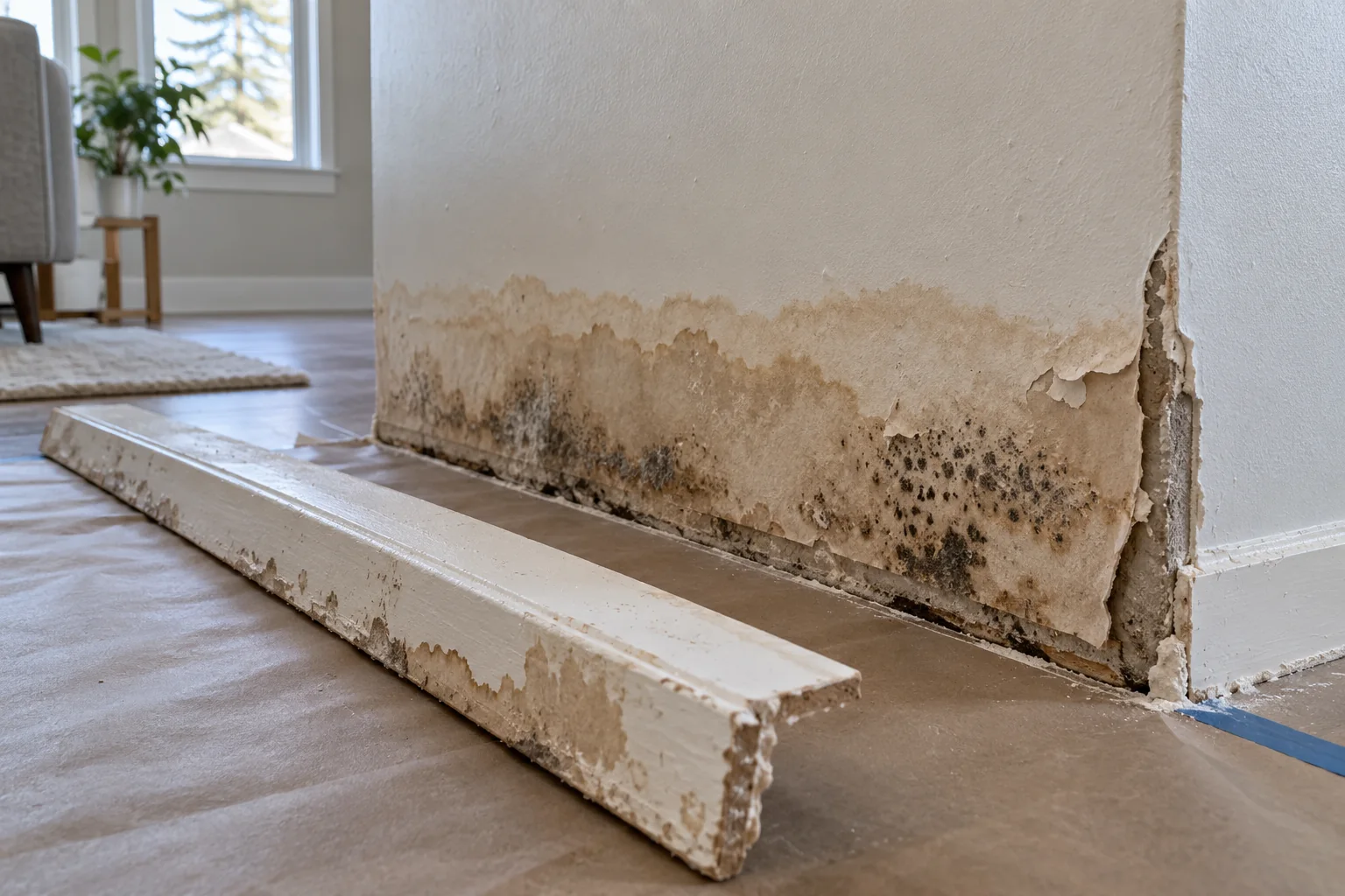 Water-stained paper-faced drywall with peeling material and dark speckling beside a removed baseboard
