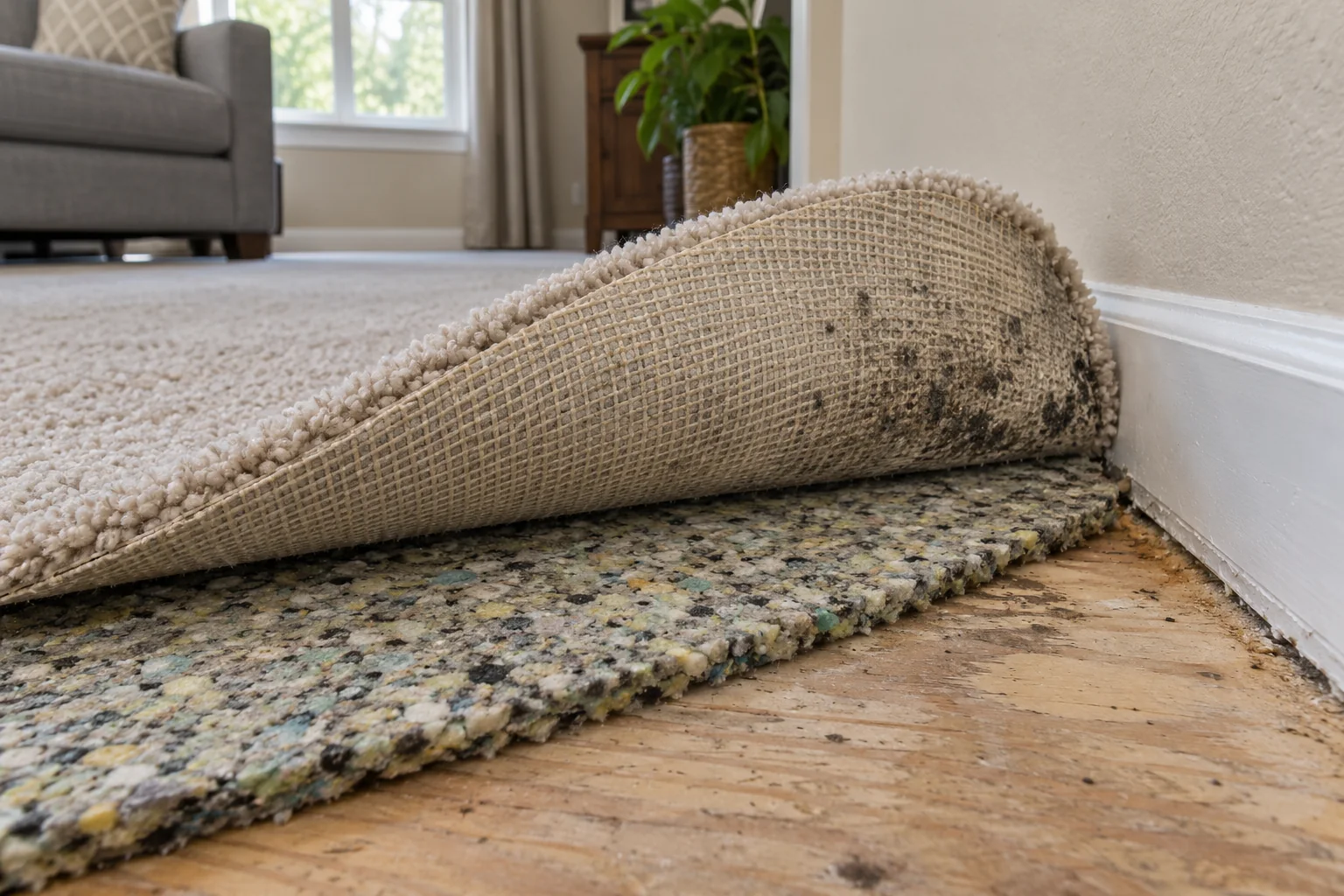 Folded carpet with dark patches on woven backing above foam padding and plywood
