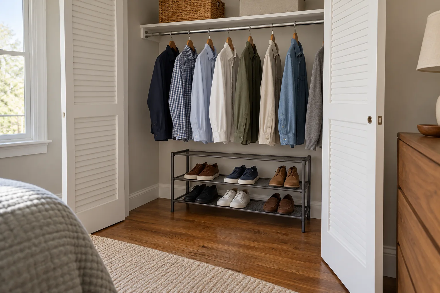Dry closet with spaced shirts, open louvered doors and an elevated shoe rack leaving wall corners visible