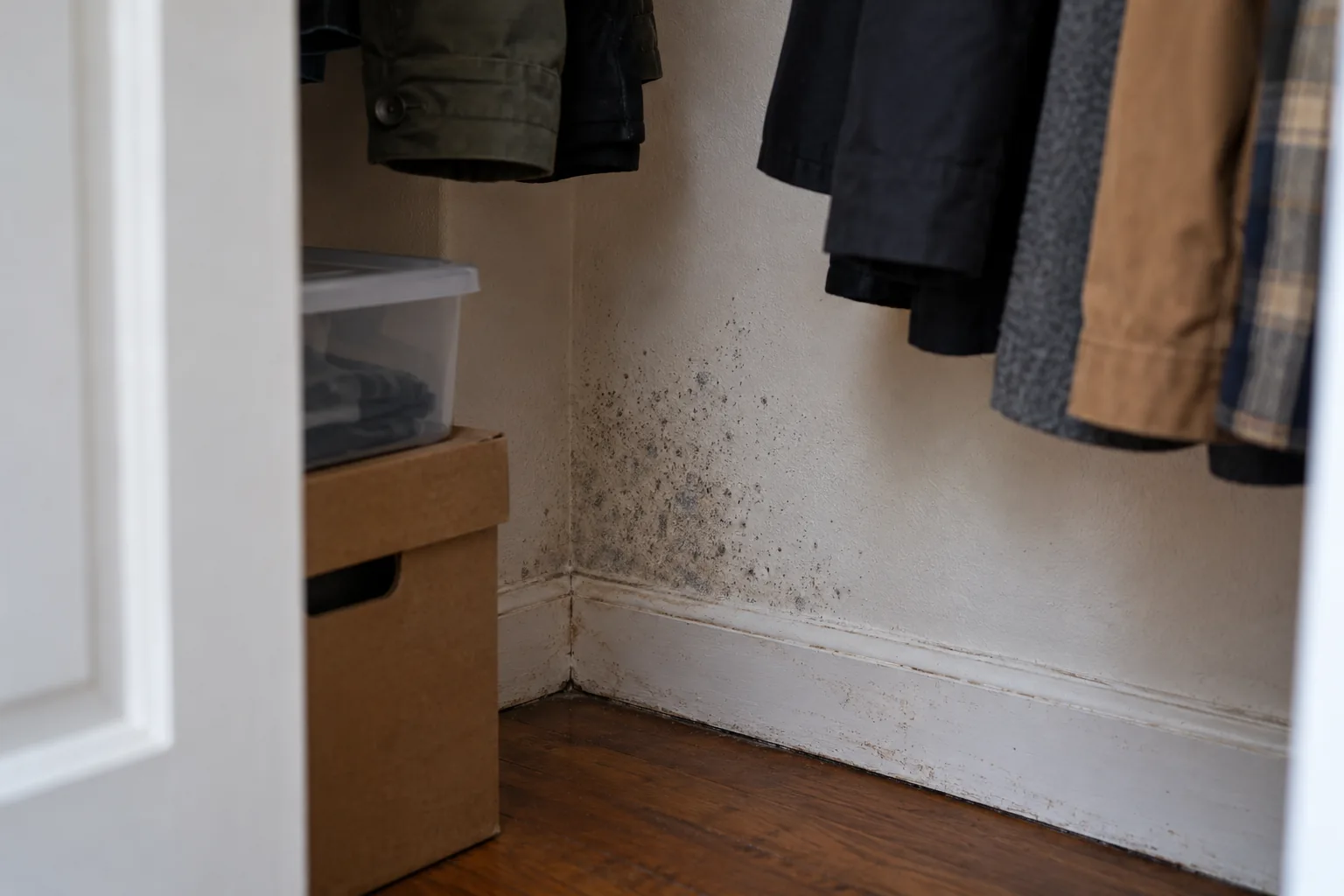 Dark speckled deposits near a closet baseboard behind hanging clothes and a cardboard box