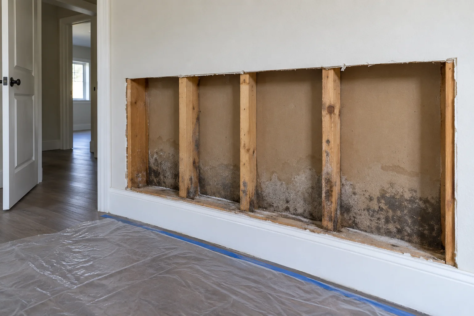 Opened drywall exposing wood studs, dark patches and water staining on the inner wall surface.