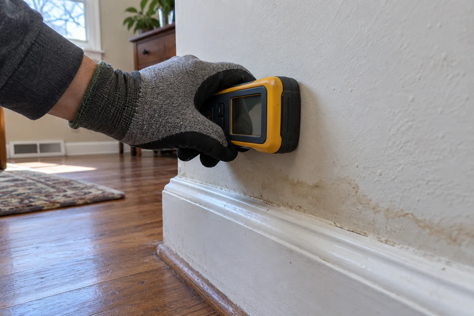 Moisture meter held against water-stained drywall above a baseboard
