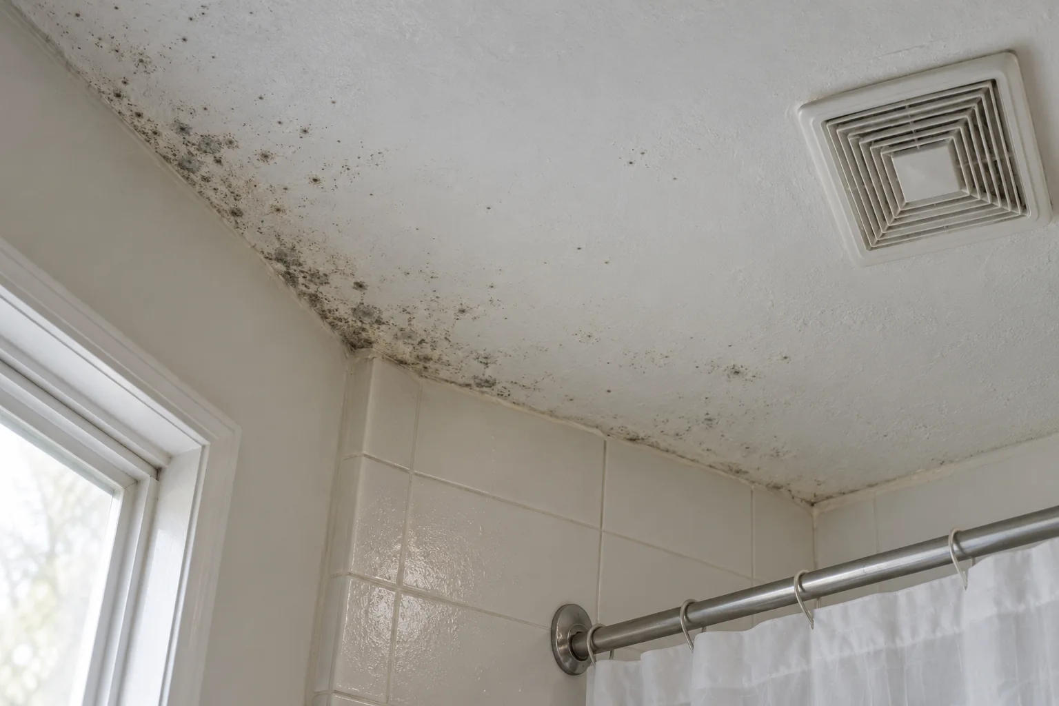 Dark spotting across a bathroom ceiling corner above a shower, with an exhaust grille nearby