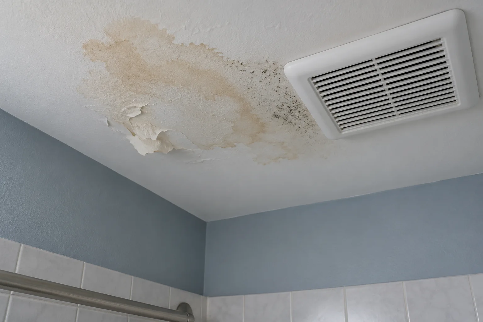 Bathroom ceiling water stain and peeling paint beside a white exhaust fan grille