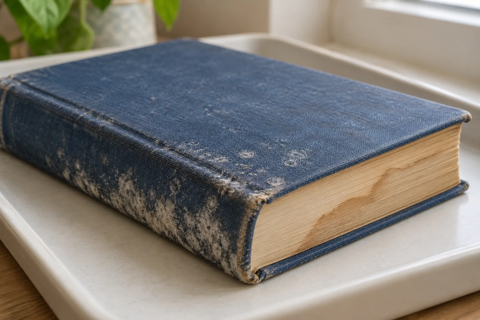 Pale speckled deposits along the cloth binding of a blue hardcover book