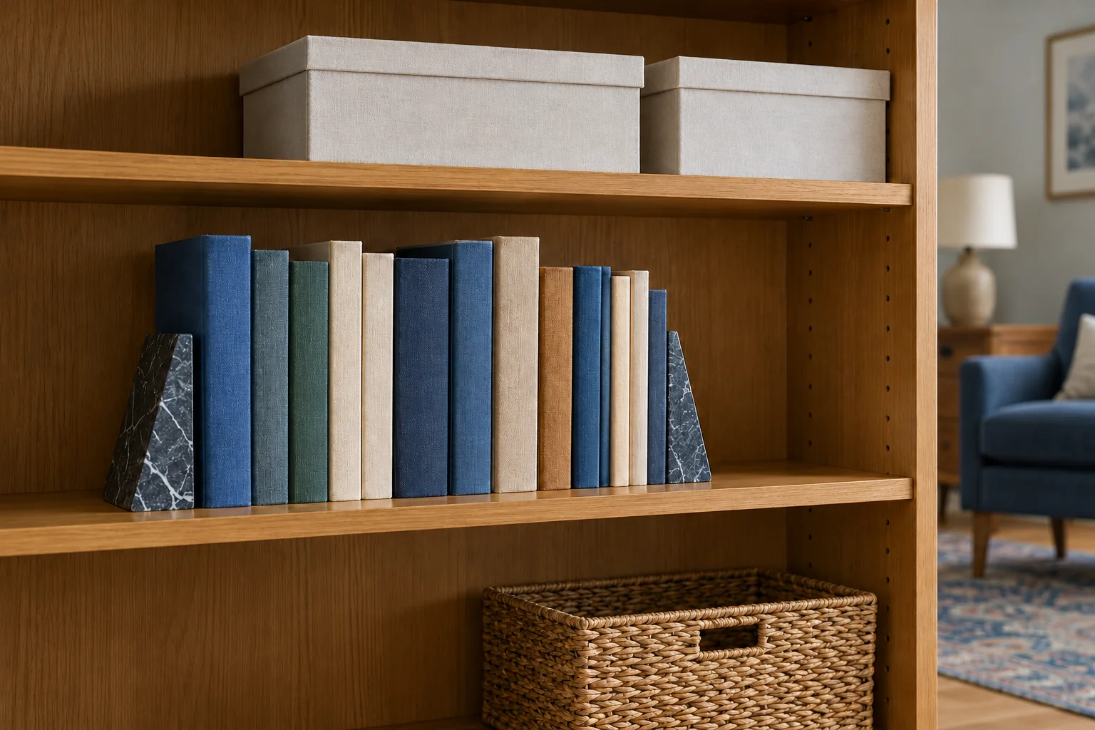 Upright cloth-bound books with bookends and document boxes on a dry interior shelf