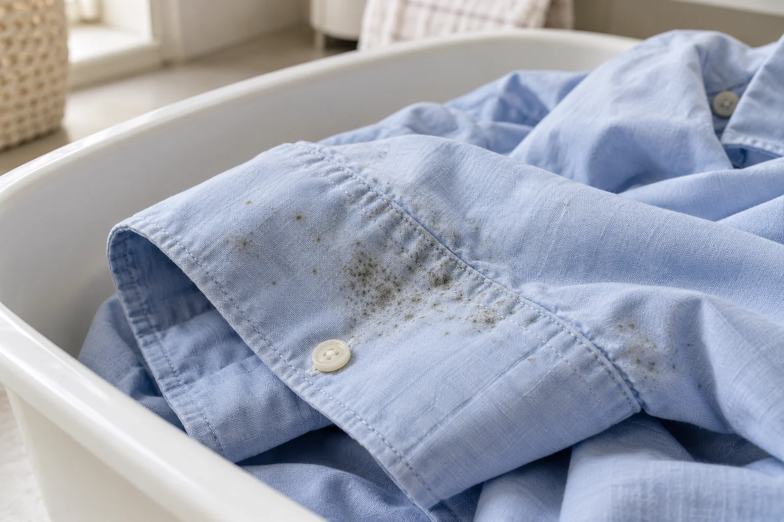 Gray speckles along a cotton shirt cuff and seam illustrating mold on clothing