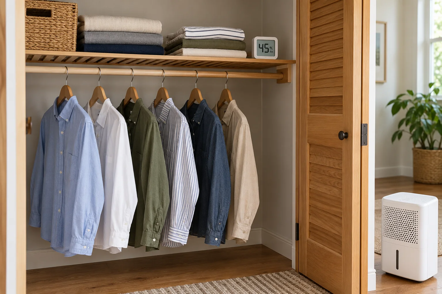Dry clothing storage with spaced hangers, folded garments and a humidity meter in an open wardrobe