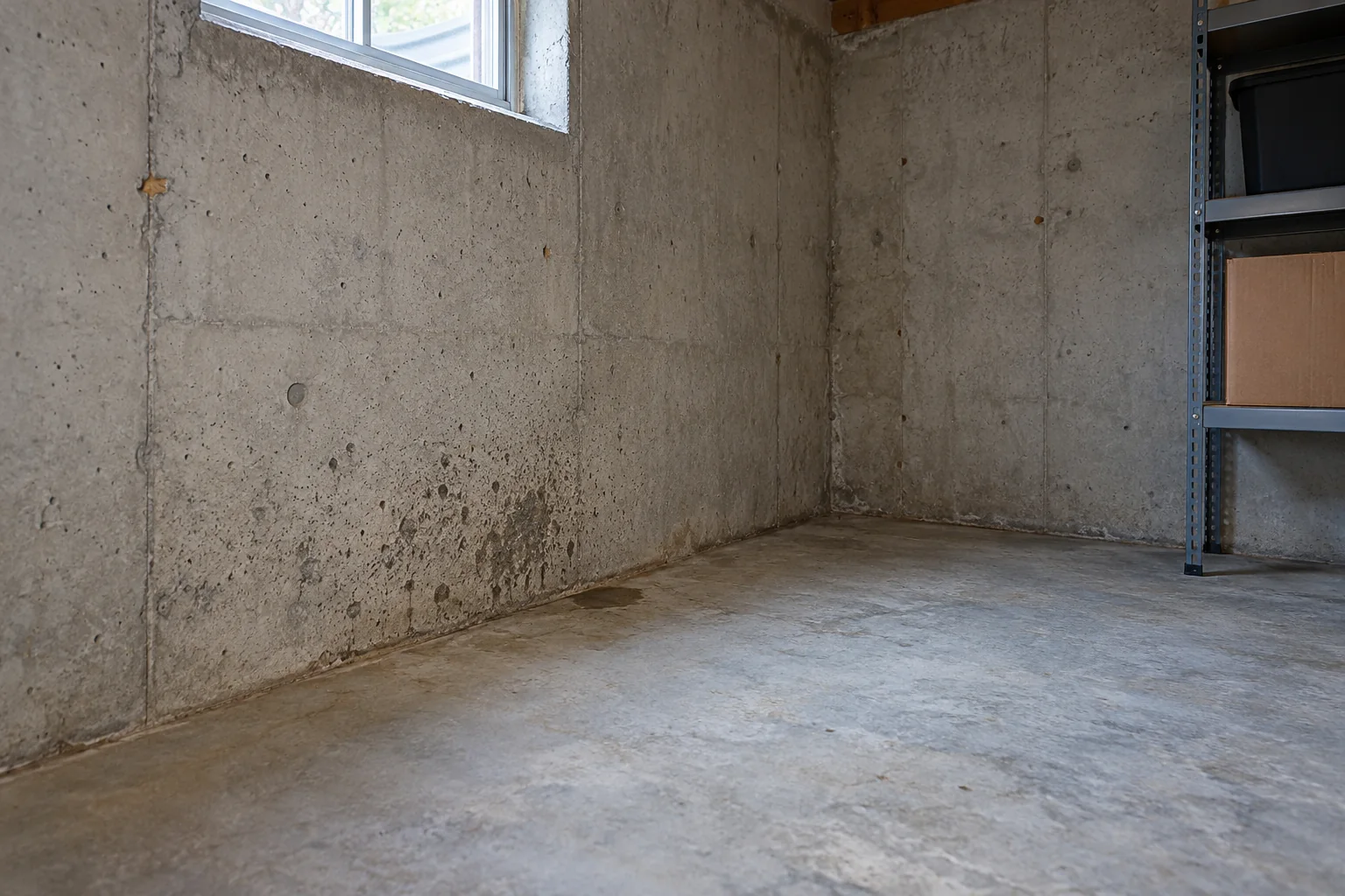 Dark surface spotting on a concrete basement wall above the wall-floor joint beside a storage shelf
