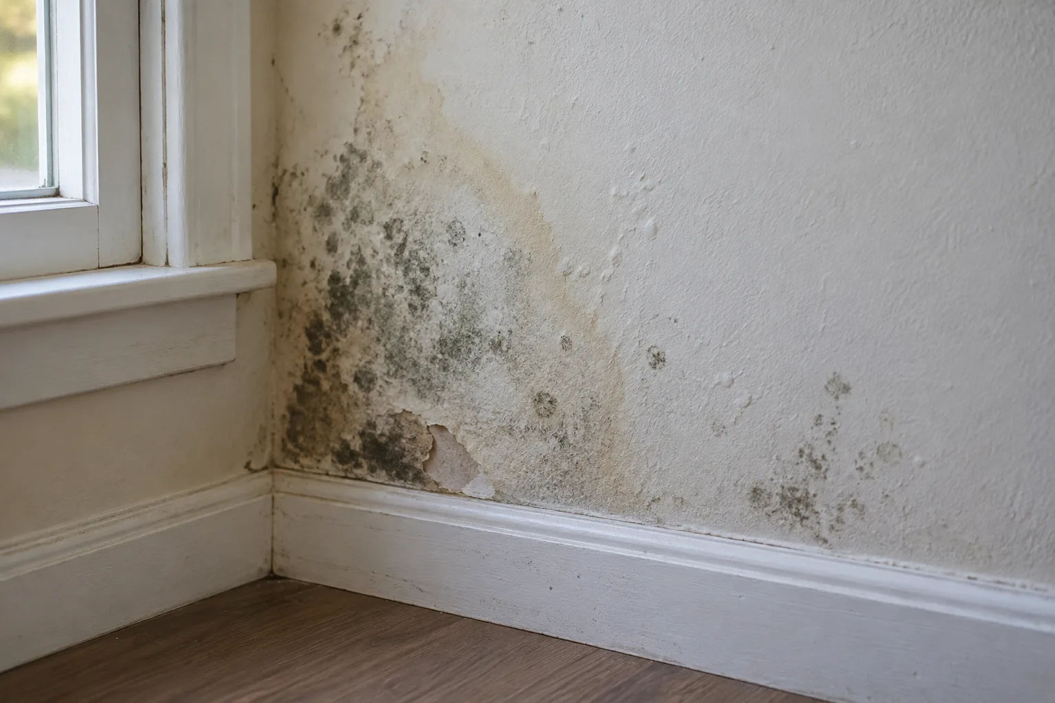 Mold on painted drywall near a window, with dark surface patches and peeling face paper above the baseboard.