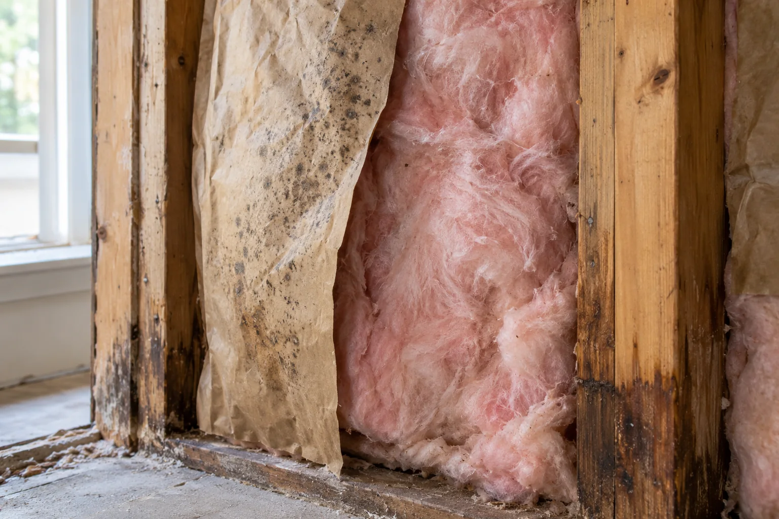 Dark spotting on kraft paper facing beside pink fiberglass insulation and stained wall framing