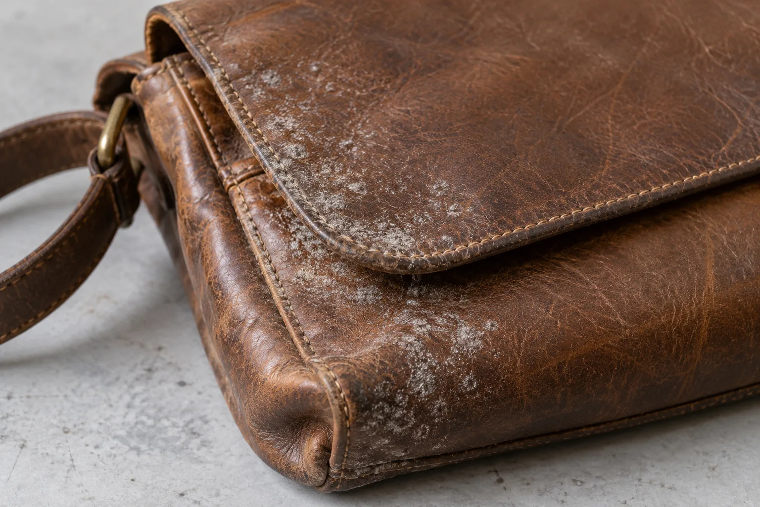 Pale speckled deposits along the flap and stitching of a brown leather bag