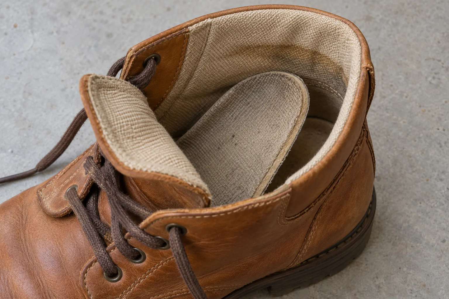 Open leather boot showing textile lining, a water mark and a partly lifted insole