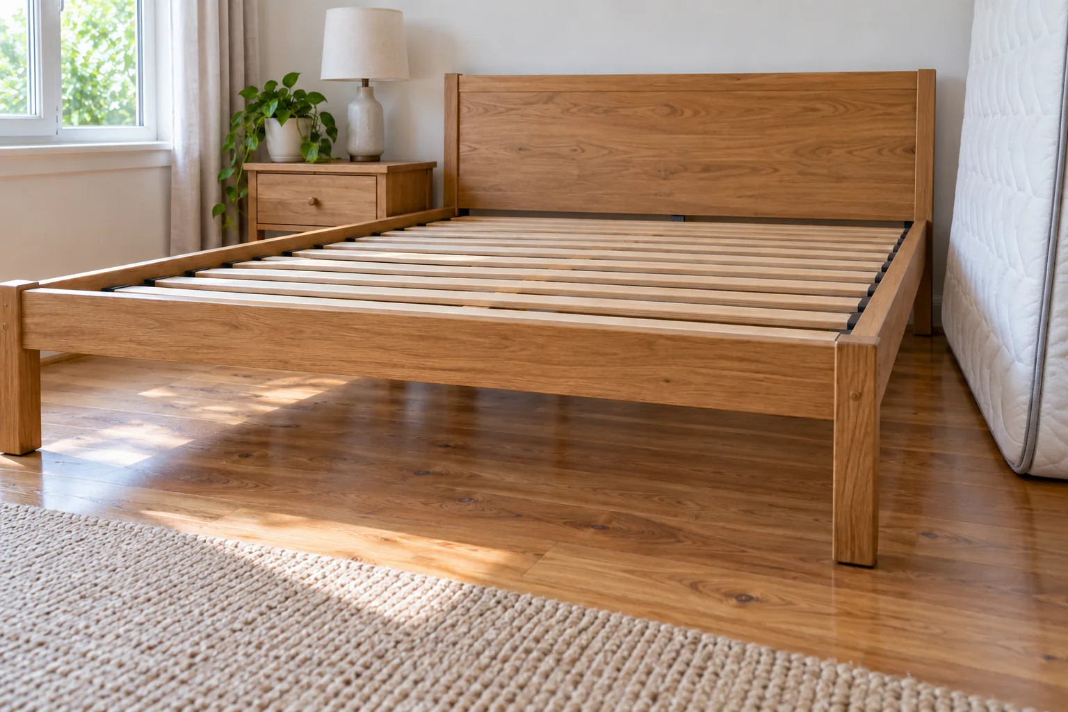 Empty wooden slatted bed frame with open space underneath beside a standing mattress