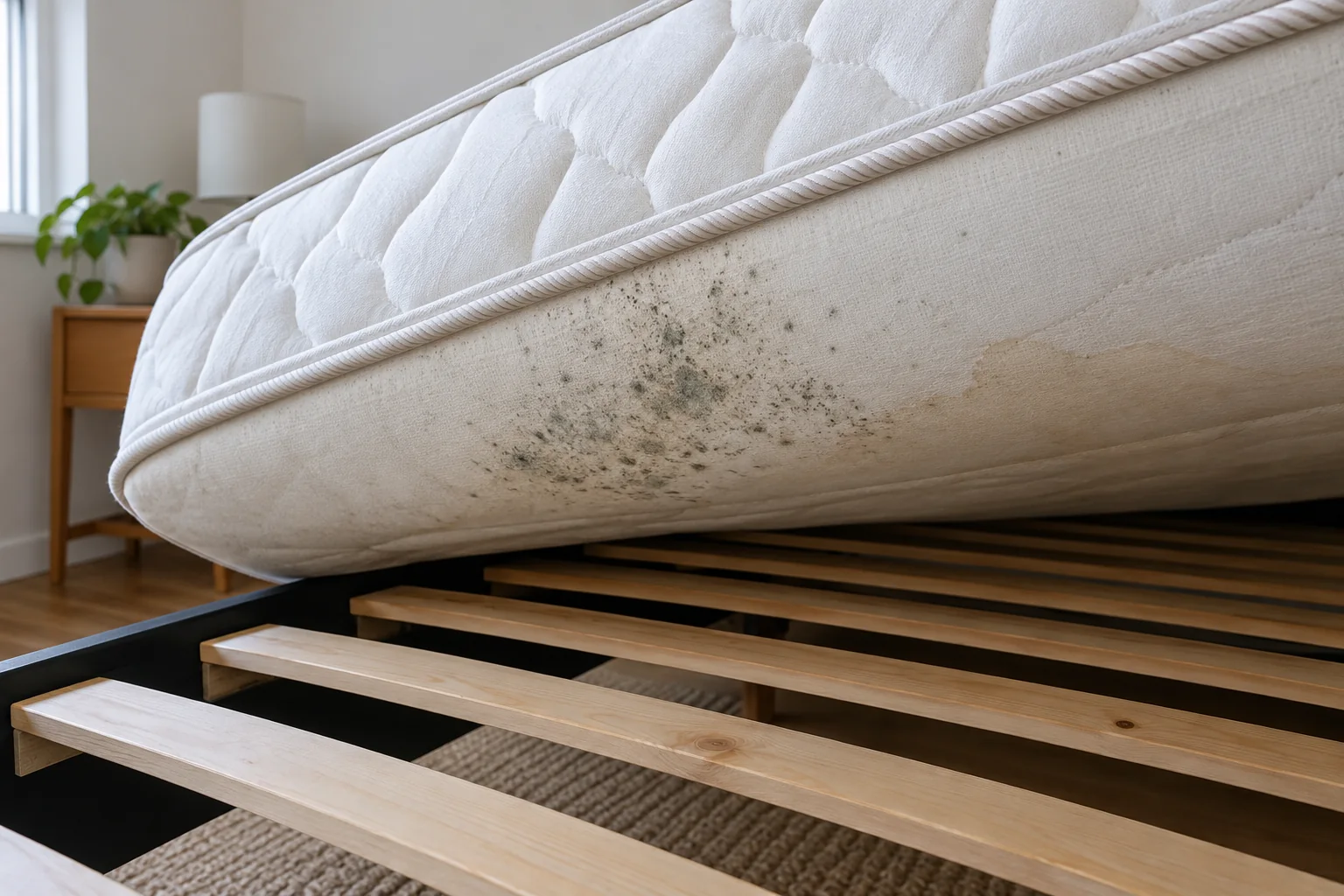 Gray-green speckled patch on a quilted mattress underside above wooden bed slats