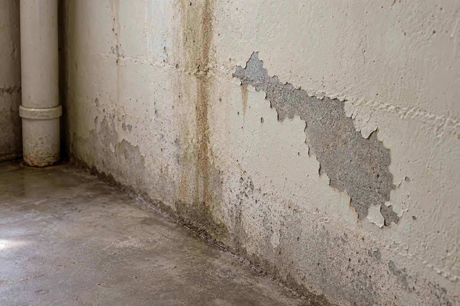 Peeling cream coating reveals gray concrete beside brown moisture streaks and dark surface spotting on a basement wall