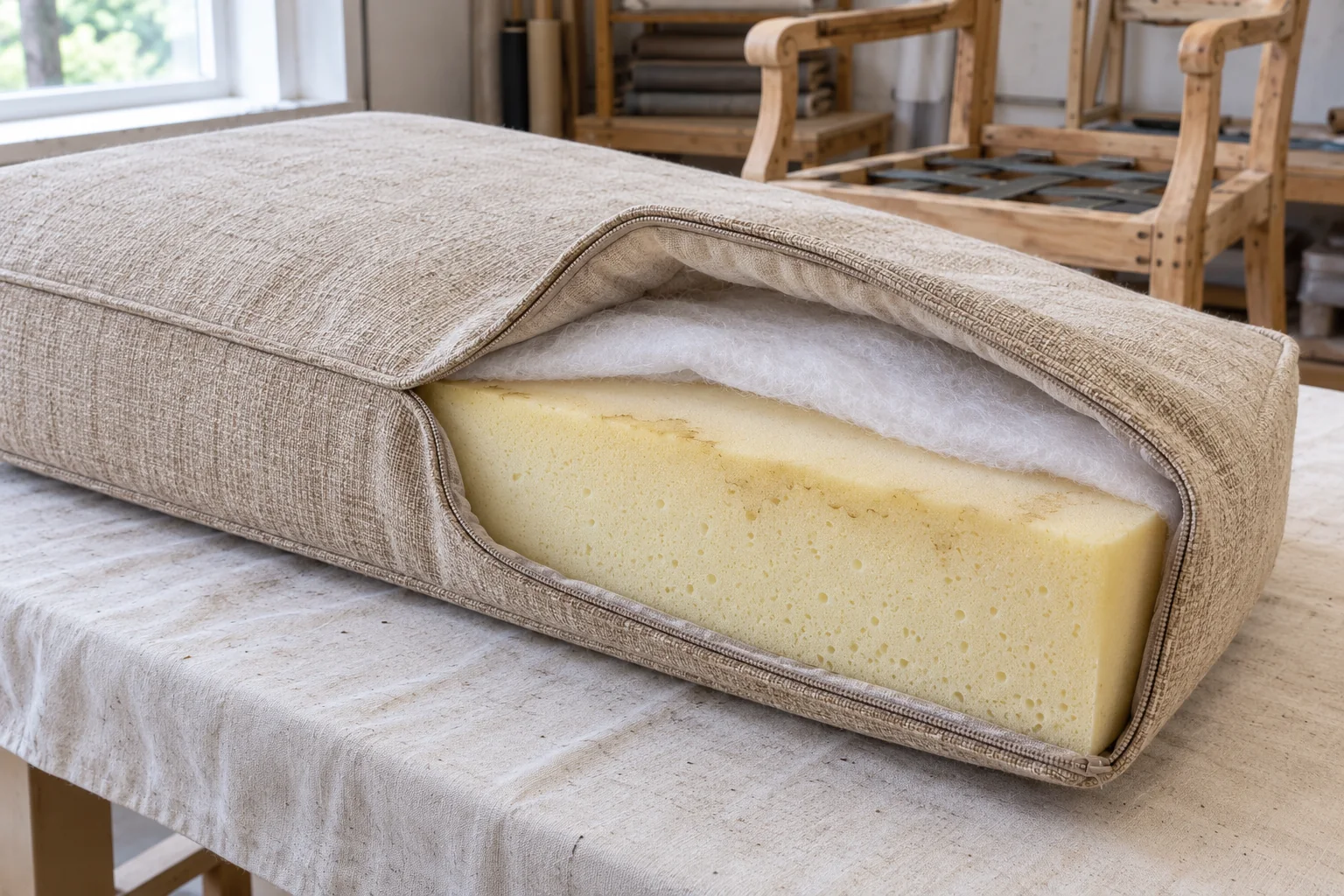 Opened sofa cushion showing the upholstery cover, white batting and foam with a water mark
