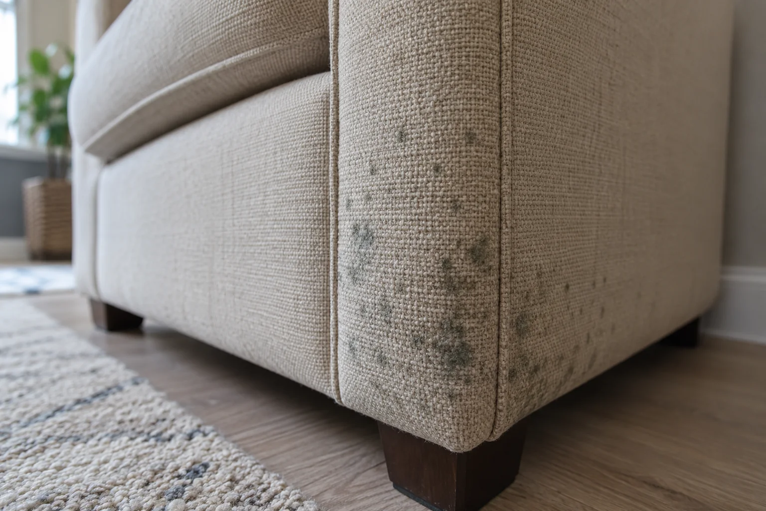 Speckled discoloration along the lower seam of a fabric sofa illustrating mold on upholstered furniture
