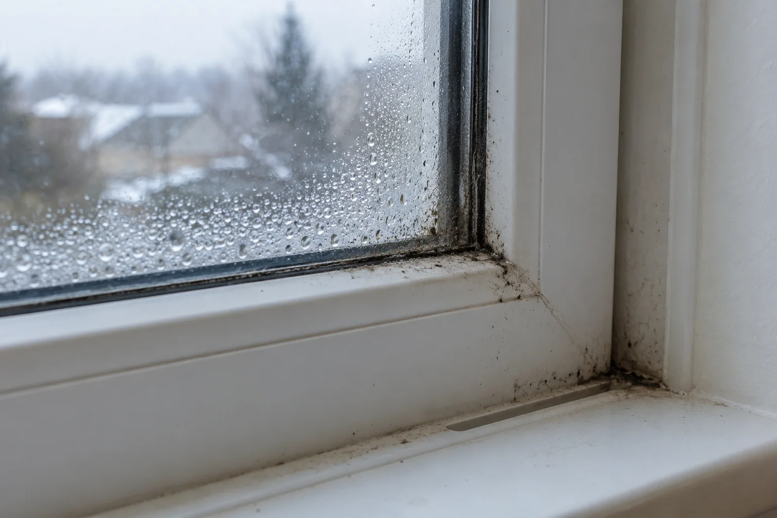 Condensation droplets on window glass above dark spotting along a white vinyl sill