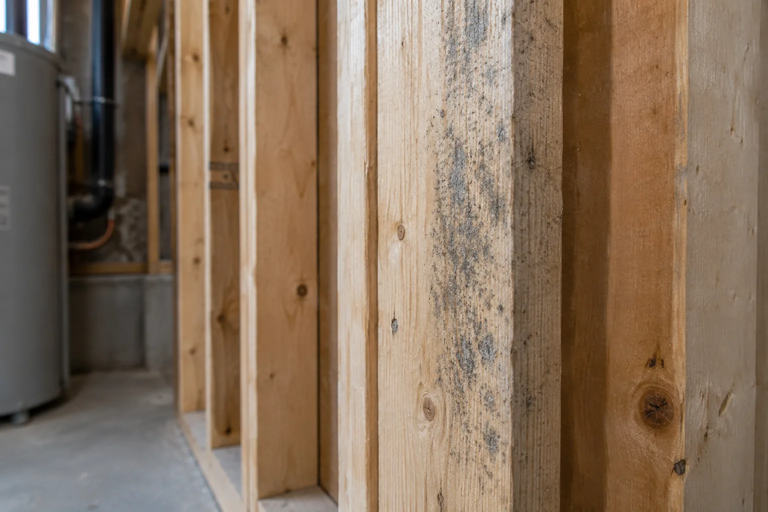 Dark surface speckling on exposed wood framing with visible grain