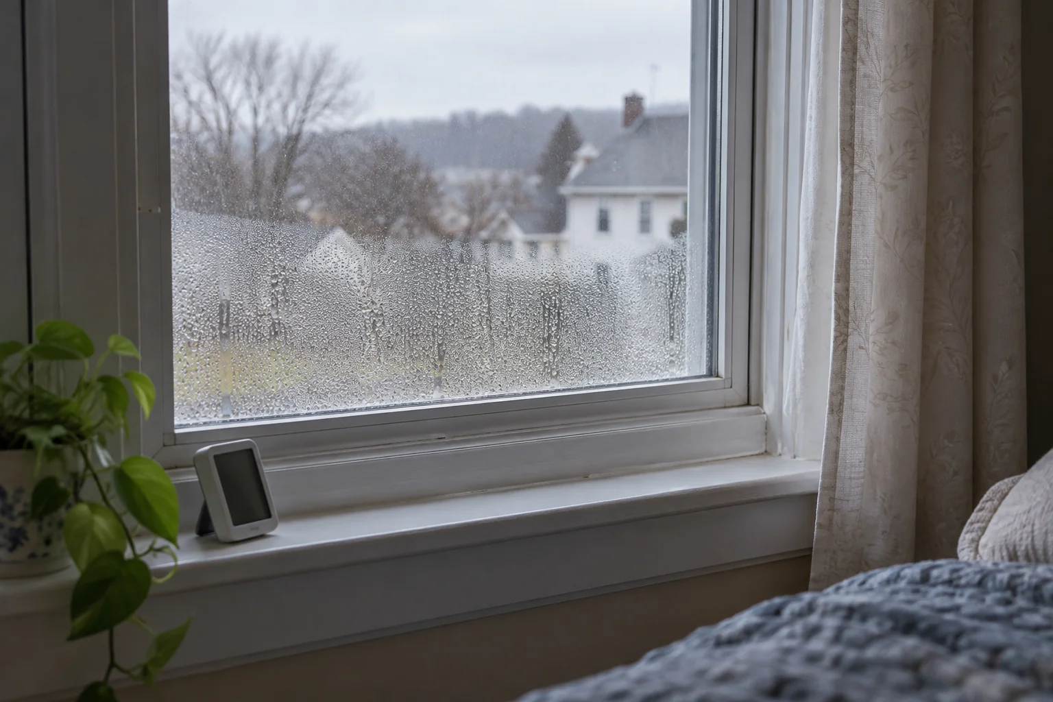 Condensation droplets on a bedroom window beside a small humidity monitor and a drawn-aside curtain.