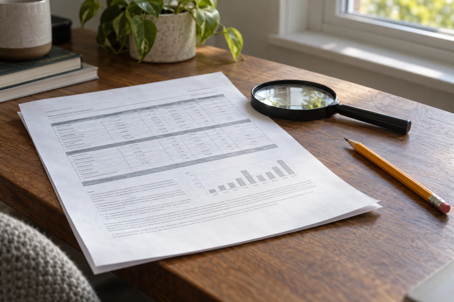 Mold test report arranged on a desk with a pencil and magnifying glass for reviewing sample information.
