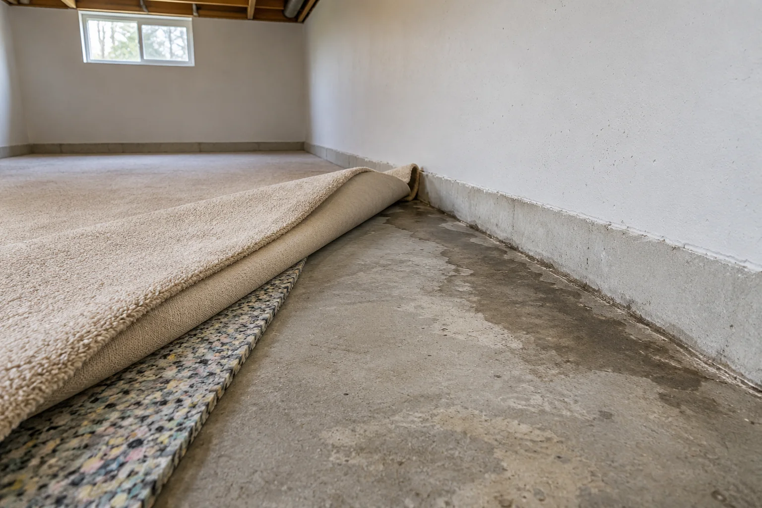 Basement carpet and padding folded back above a concrete slab with moisture staining near the wall