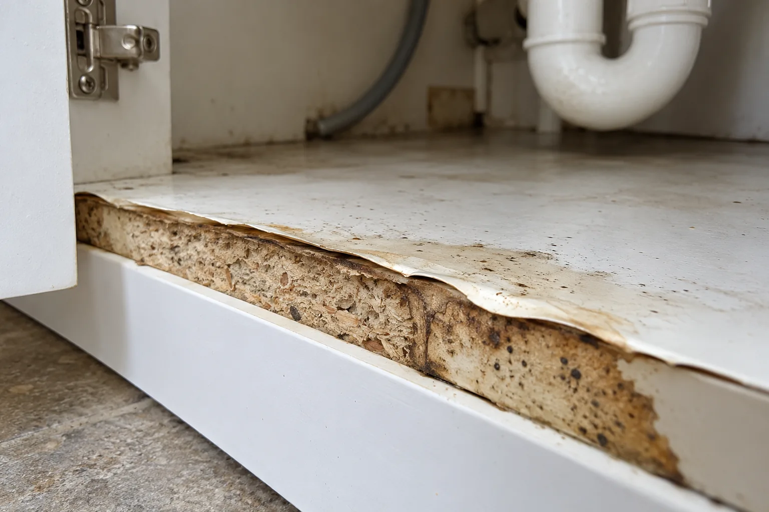 Swollen particleboard kitchen sink cabinet base with lifted laminate and moisture staining