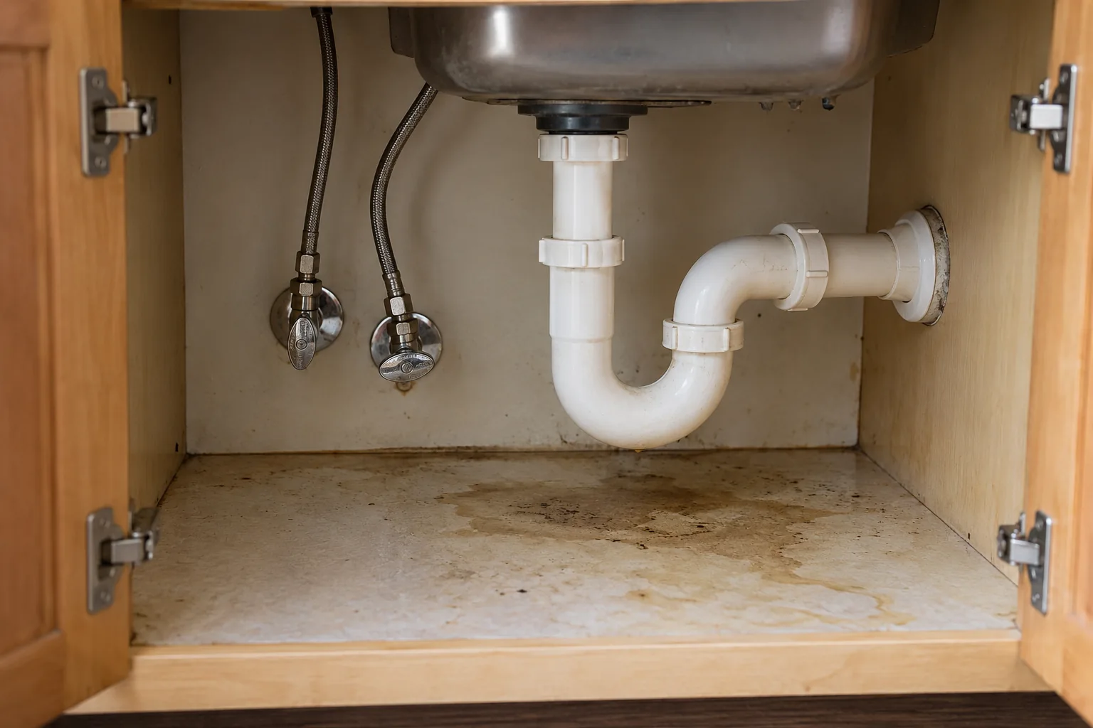Kitchen sink drain and supply lines above water stains and dark spots on a cabinet base